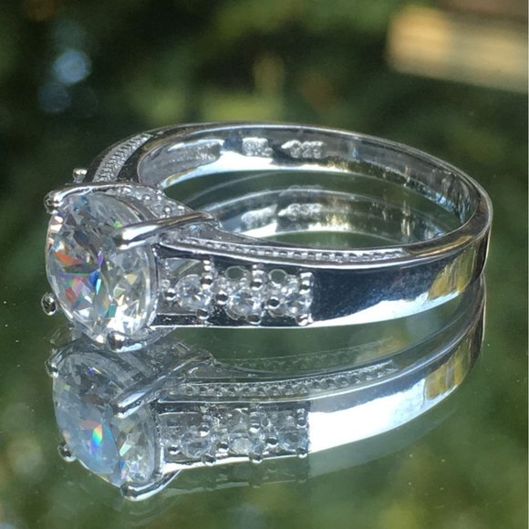 Sterling Silver Solitaire With Accents Cubic Zirconia Engagement Ring, Size 9 - Picture 8 of 11